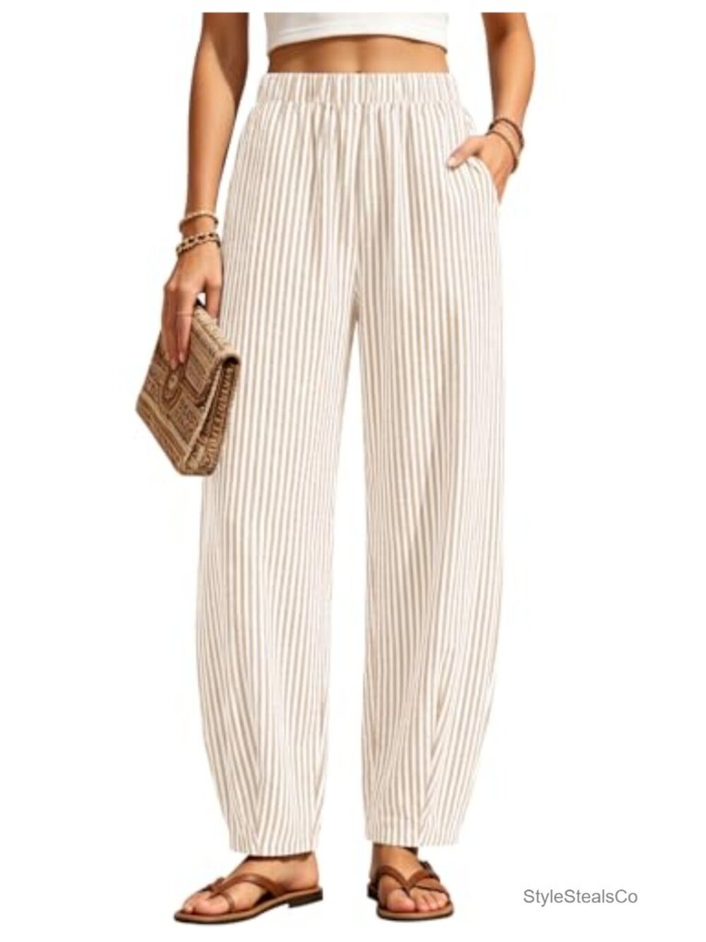 Women's Barrel Harem Pants Baggy Casual Elastic Waist Side Pockets Cotton Blend